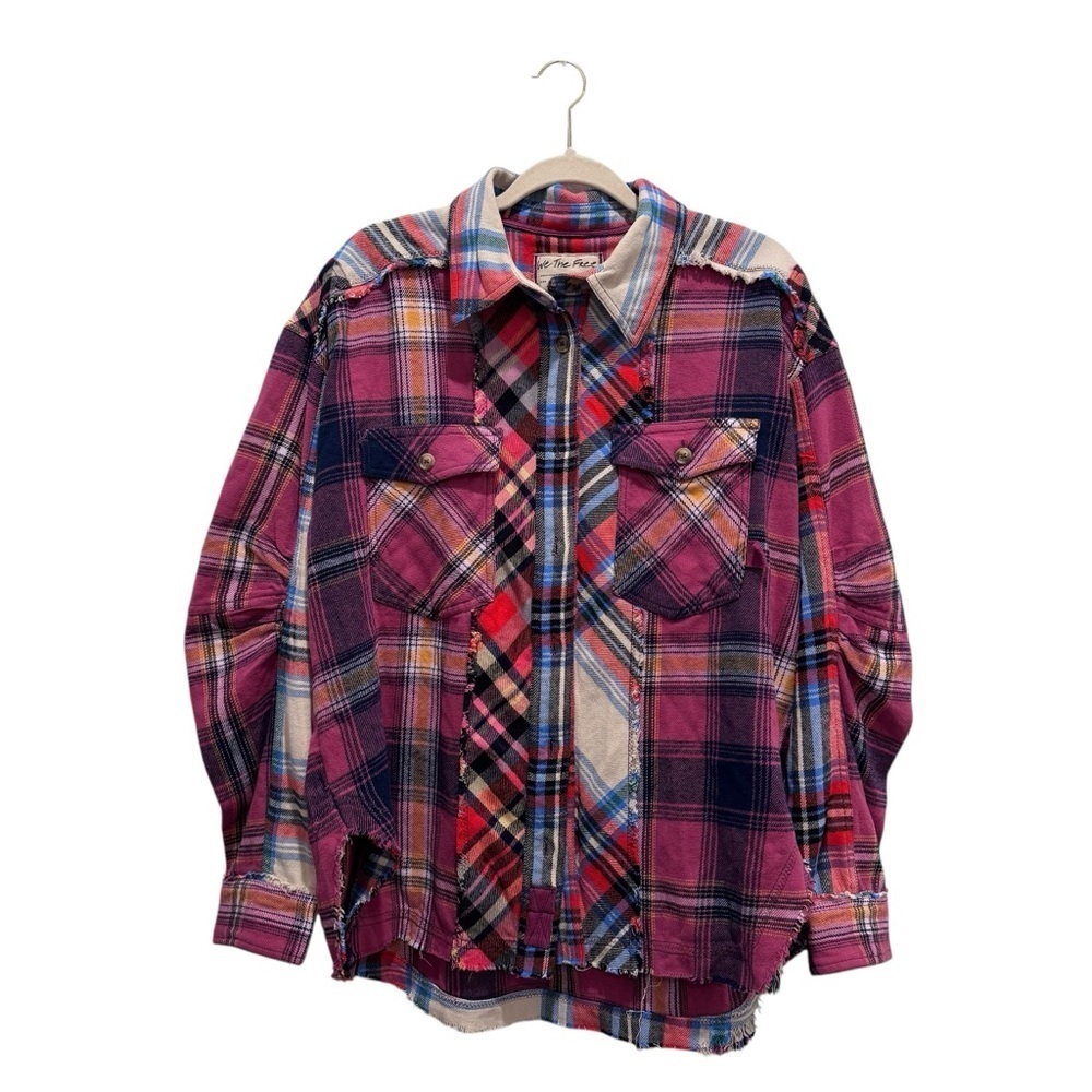 Free People We the Free Patched Up Plaid Cotton Shirt Oversized Grunge Pink XS - Picture 4 of 16
